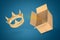 3d rendering of gold crown flying out of brown cardboard box on blue gradient background.