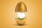 3d rendering of gold egg cracked in two, upper half levitating in air, lower on ground, with small white heart-shaped