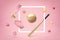 3d rendering of golden baseball and bat in flat white frame on pastel pink background with lots of different objects