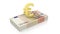 3D rendering of golden Euro symbol on 50 Euros banknote stack