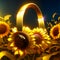 3d rendering of golden headphones with sunflowers on dark background AI generated