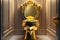 3d rendering of a golden toilet in a room with golden walls