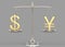 3d rendering. golden US dollar and chinese yuan currency sign comparing on balance scale.