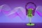 3d rendering of green retro microphone stands with a modern headset lying on it on a purple background with colorful