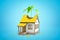 3d rendering of green sprout grown through yellow roof of the house on blue background