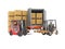 3d rendering group of forklift truck loading boxes on pallets into truck on white background no shadow