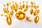 3d rendering-Group of Gold Bowling Pins on white background