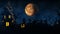 3D rendering Halloween background with haunted house, bats and pumpkins, graves, at misty night spooky with fantastic big moon in