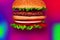 3d rendering hamburger with greens and tomatoes against an abstract colorful background