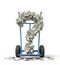 3d rendering of hand truck standing in half-turn with question mark made up of dollar banknotes on it.