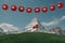 3d rendering of hanging lighten lampion covered with swiss flag over mountain pasture with view to the matterhorn and swiss flag