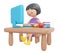 3D Rendering happy girl sitting on desk study online on computer