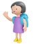 3D Rendering happy girl waving hand say hello with backpack