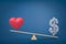 3d rendering of heart love symbol and money dollar symbol on seesaw on blue background