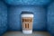 3d rendering of huge paper coffee cup with word PAUSE icon, standing in blue room with walls all covered in algebraic