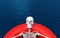 3d rendering. A human skeleton bone lying on red life rescue boat alone on blue water surface background. with clipping path