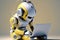 3d rendering humanoid robot working with headset and notebook