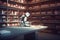 3d rendering humanoid robot working in a library with bookshelf, An AI robot librarian stocking books in a library, AI Generated