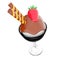 3d rendering ice cream scoop with chocolate topping and strawberries with sticks icon. 3d render ice cream in a glass