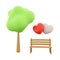 3d rendering icon two loving hearts on a bench near a tree. 3d render Valentine's Day icon. Two loving hearts on a