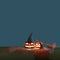3D Rendering Of Illuminated Jack-O-Lanterns With Pumpkin, Broom, Hand Against Background And Copy