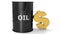 3D rendering illustration of a black crude oil barrels with golden dollar sign