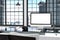 3D Rendering : illustration close up of Creative designer office desktop with blank computer,keyboard,camera,lamp