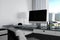 3D Rendering : illustration close up of Creative designer office desktop with blank computer,keyboard,camera,lamp and other items