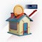 3d rendering illustration of home savings. Coins put into house with chimney like piggy bank. rising arrow indicates increase in