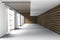3D rendering : illustration of large spacious room, natural light from glass windows.Empty Room Interior in wooden wall