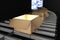 3d rendering : illustration of Perspective view of Cardboard boxes on Conveyor Belt of steel.box open. Part of warehouse