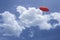 3D Rendering : illustration of Red umbrella floating above against blue sky and clouds. Business, leader concept, being different