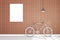 3D rendering : illustration of retro vintage bicycle and vintage metal lamp hanging on the roof against of the red brick wall