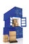 3D rendering : illustration of stacked of three blue container with cardboard boxes inside the container.business export import