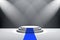 3D Rendering : illustration of stage with blue carpet for awards ceremony. White round podium.First place.3 steps empty podium