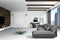 3D Rendering : illustration of white Living room interior design with dark sofa.blank picture frames.shelves and white walls