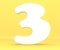 3d rendering illustration. White paper digit alphabet character 3 three font. Front view number 3 symbol on a yellow background