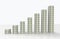 3d rendering. increasing US hundred dollars banknotes stack bar chart background