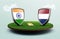 3d rendering of India vs Netherlands flags on shields in a stadium.