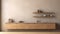 3D rendering interior of a built-in wooden shelving on wooden wall in a dining room.