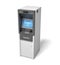 3d rendering of an isolated bank ATM machine with a lit blue screen on white background.