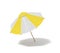 3d rendering of an isolated beach umbrella with white and yellow stripes on white background.