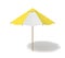 3d rendering of an isolated beach umbrella with white and yellow stripes on white background.