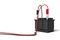 3d rendering of an isolated car battery with red and black battery clamps connected to long cables.