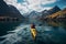 3D Rendering. Kayaking in Lake Water surrounded by Rugged Alpine Mountain Landscape. Dramatic Sunset Sky.