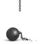 3d rendering of a large black iron ball lying down and a piece of its broken chain hanging from above.