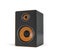 3d rendering of a large black stereo box with two round speakers on white background.