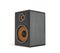 3d rendering of a large black stereo box with two round speakers on white background.