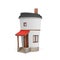 3d rendering of a large carton coffee cup made to resemble a house with a door, stairs, window and a chimney.