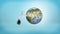 3d rendering of a large Earth globe with a faucet in its side leaking a large oil drop on a blue background.